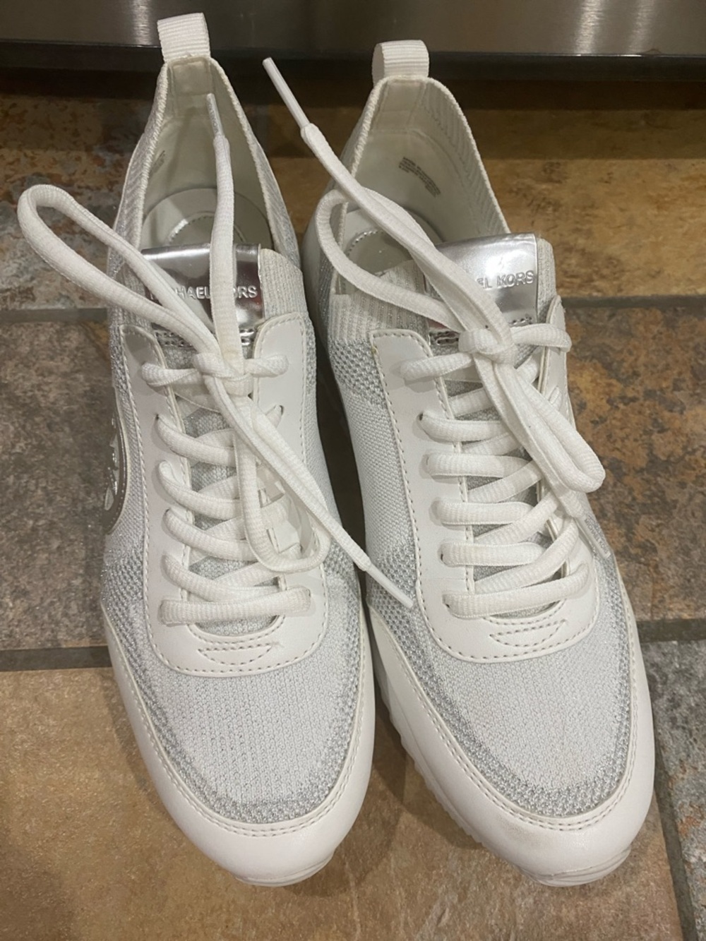 Michael Kors White and Silver Knit-Trim Sneakers.  Sz 9 1/2.